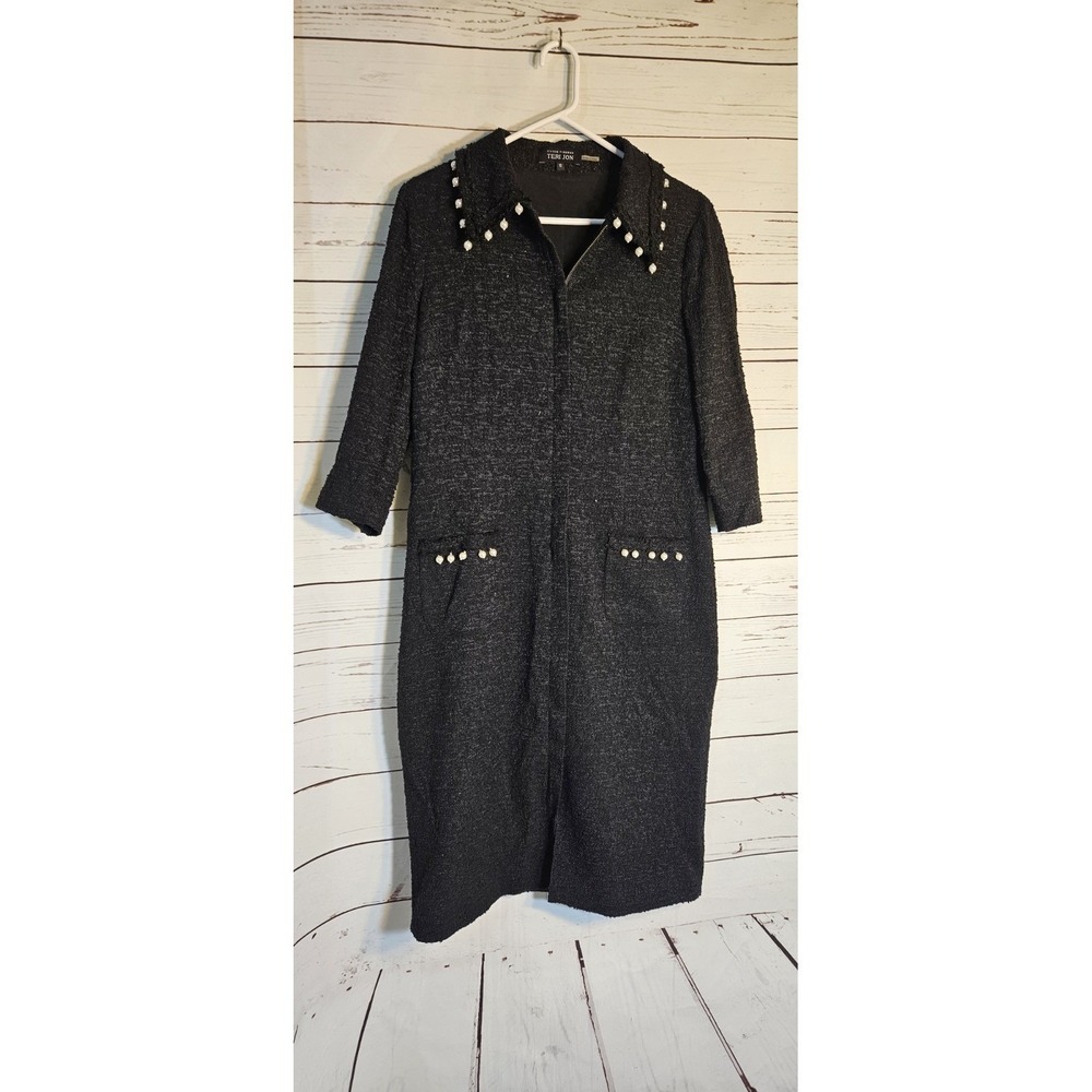 Teri Jon Rickie Freeman Grey Tweed Pearl Embellished‎ Zip Front Midi Dress 10